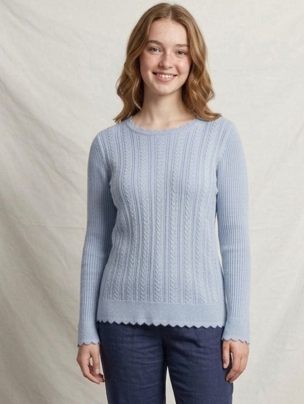 #57 2X Jeanne PIERRE Light Blue Scalloped Cable Knit Sweater P2P23 L26